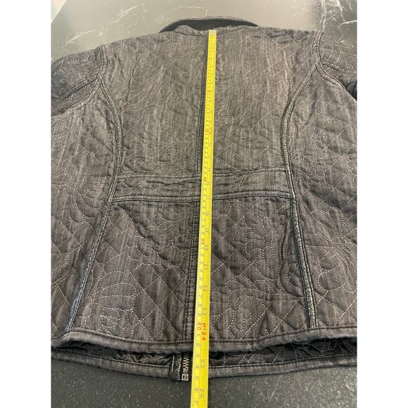 Chico's Charcoal  Black Floral Quilted Jacket Blazer 3/XL Faux Leather accents - Picture 8 of 13